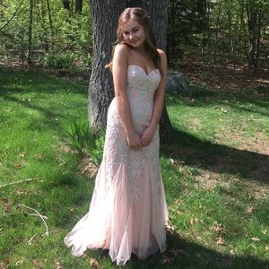 Peach/ Nude colored prom dress with lace accents